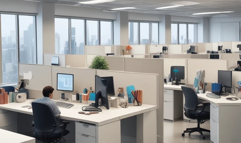 few cleaners working at the office cleaning up the cubicles and desk
