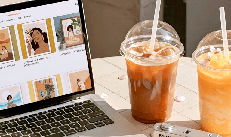 Ordinateur affichant la boutique en ligne de Studio Kaktus, présentant ses illustrations et affiches