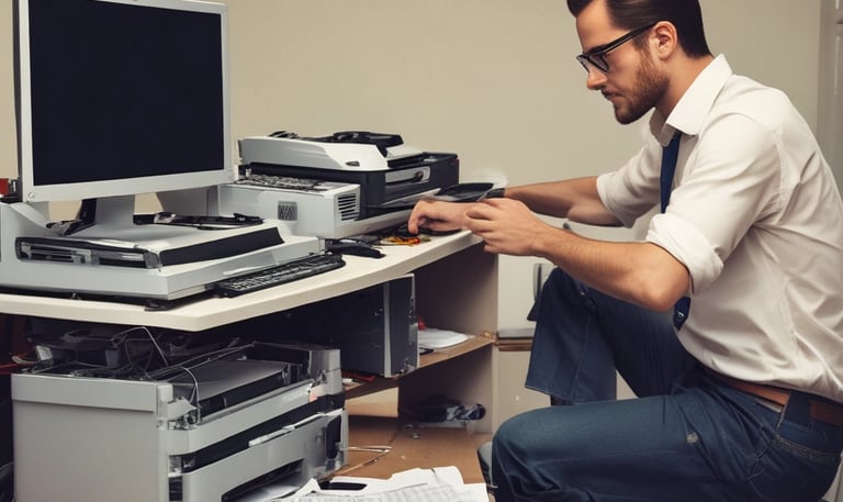Close-up of printer parts being serviced by a technician.