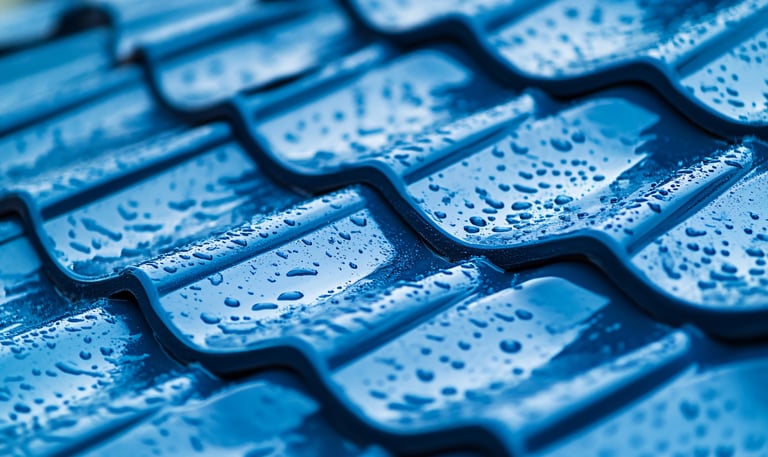 Gros plan sur des tuiles mouillées, couvertes de gouttes de pluie après un traitement hydrofuge.