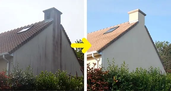 Comparaison avant et après le nettoyage professionnel de la toiture et des murs extérieurs