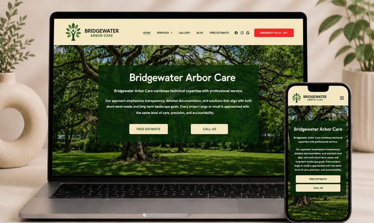 Bridgewater Arbor Care website design by GVilla Design mockup on a laptop and smartphone