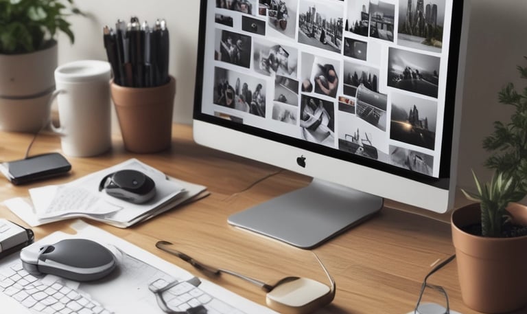 Apple iMac desktop computer on a wooden office desk with photography gallery on screen and workspace accessories.