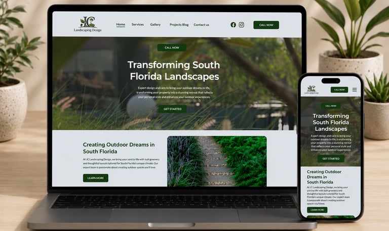 South Florida landscaping design website displayed on a laptop and smartphone screen.