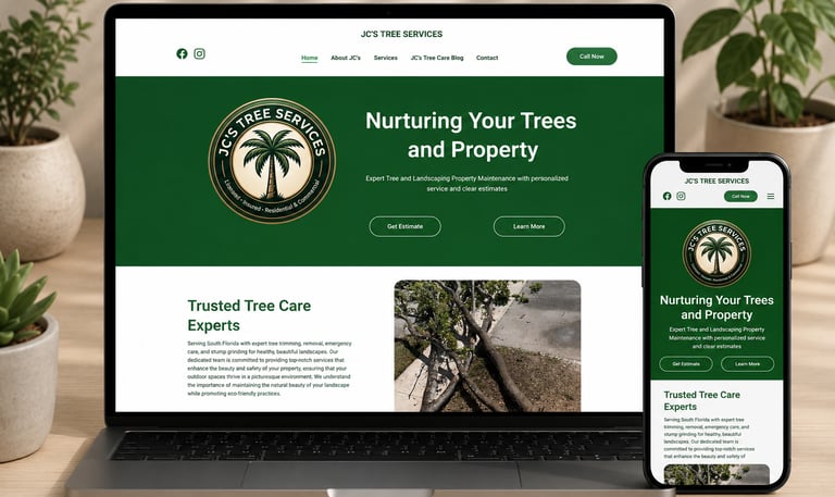 Responsive website design for JC's Tree Services shown on a laptop and smartphone screen.