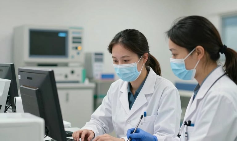 A surgeon is focused on an operation, wearing protective gear including a mask, gloves, and a hair cap. The hands are stained with blood, indicating active involvement in a surgical procedure. Medical instruments are visible, highlighting the clinical setting.