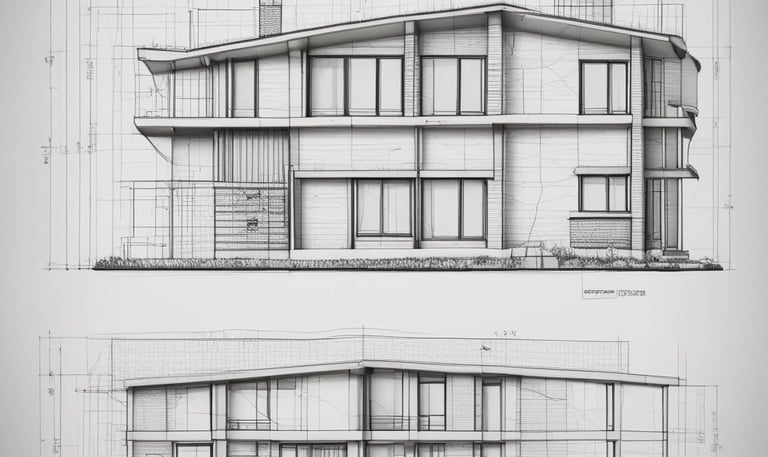 a drawing of a building with a large building in the background