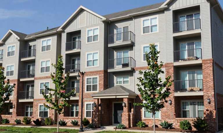 A vibrant mural covers the upper section of a multi-story building. The artwork features geometric patterns and a variety of bright colors including teal, pink, yellow, and orange. Below, a green sign indicates a job center. People are visible at ground level, walking past the building. A person is elevated on a cherry picker, possibly engaged in work on the mural.