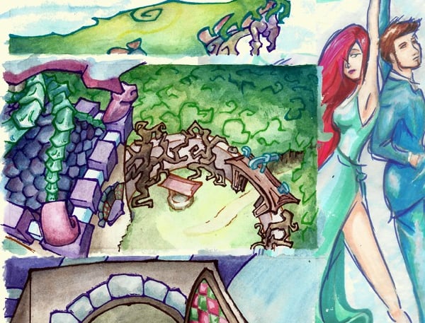 Combination of watercolour fantasy art sketches in vivid colours. Rapunzel's tower. Prom queen.