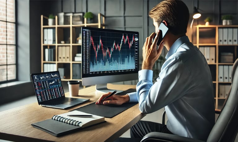 professional office setting with a person sitting at a desk, phone, office setup, laptop & notepad