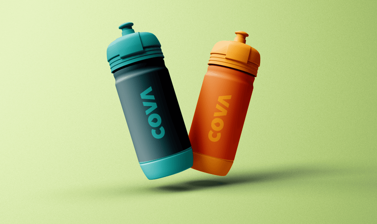 Two water bottles saying COVA that are brightly colored.