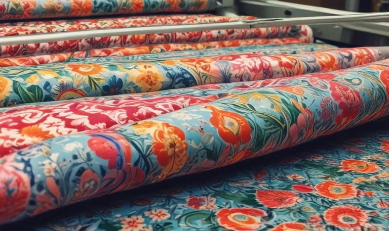 A fashion retail display features mannequins dressed in vibrant clothing. One mannequin wears a blue dress, while another is in an orange dress. Various accessories, such as handbags and shoes, are placed around the mannequins in a neatly arranged storefront. The backdrop includes paneling with artistic designs and muted lighting contributes to a chic ambiance.