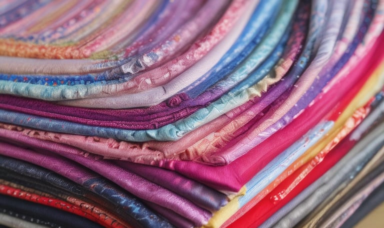 A fashion retail display features mannequins dressed in vibrant clothing. One mannequin wears a blue dress, while another is in an orange dress. Various accessories, such as handbags and shoes, are placed around the mannequins in a neatly arranged storefront. The backdrop includes paneling with artistic designs and muted lighting contributes to a chic ambiance.