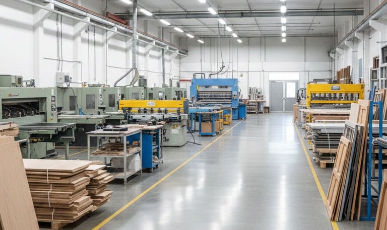 A wide and well-organized industrial workshop for manufacturing doors and frames.