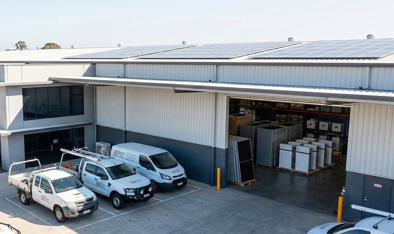 Warehouse with rooftop solar panels, open loading bay, and service vans parked outside.