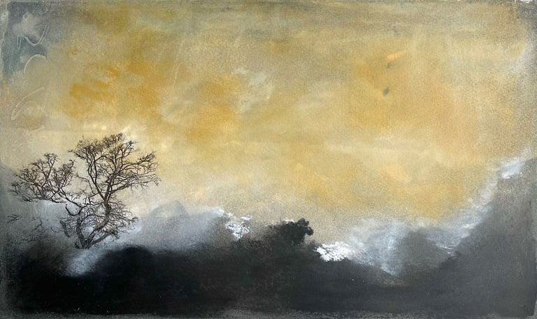 abstract monoprint of landscape with tree