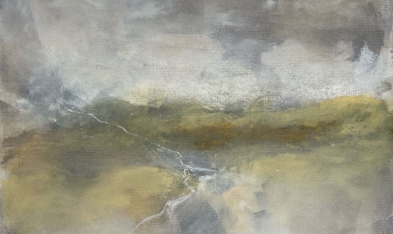 abstract monoprint with soft shaded landscape