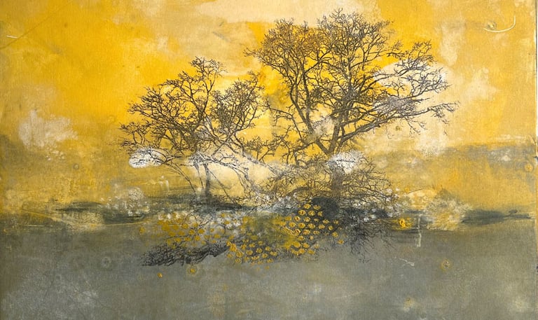 abstract monoprint of tree landscape
