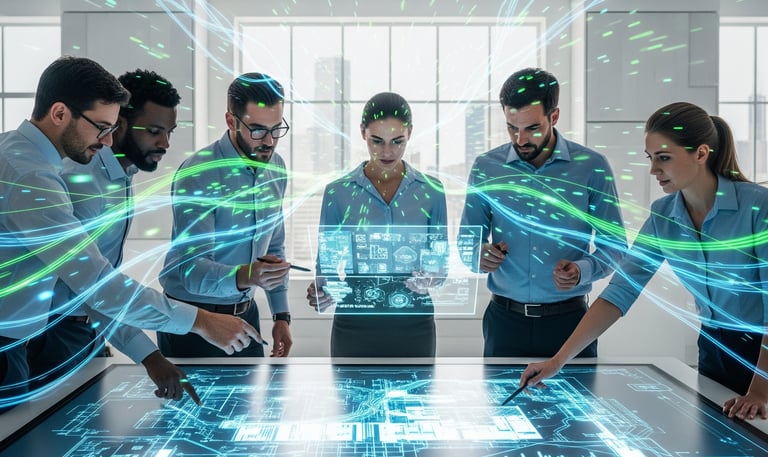 a group of people standing around a table with a laptop