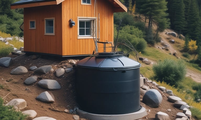 A rustic stone house with a slanted roof is situated on a grassy plain, surrounded by lush greenery and hills. Behind the house, majestic mountains with patches of snow rise against a clear blue sky. A solar panel is seen near the house, and there is a small pile of logs beside it.