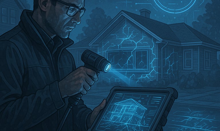 a man in a black jacket is holding a camera and looking at a tablet