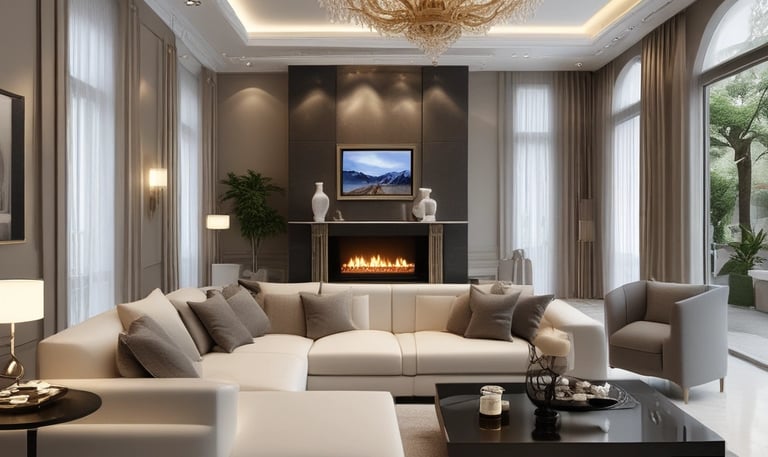 A minimalist interior featuring a geometric wall design with triangles, circles, and lines in shades of brown, gray, and beige. In the foreground, a wooden table with a glass vase containing green foliage. A bicycle with a white handlebar is partially visible, leaning against the wall.