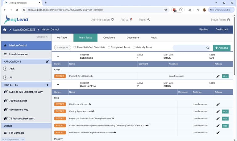 eqLend Mission Control showing Team Tasks