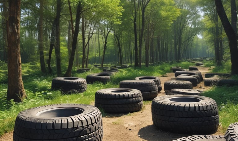 A garage filled with tires and automotive equipment. Tires are stacked on shelves and some are mounted on the walls alongside wheel rims. A person is seated in the corner on the left, looking at a mobile phone. An orange traffic cone is on the floor, and there is a machine used for tire services.