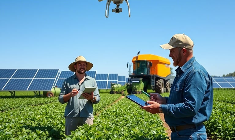 Productores usando tablet, drones, paneles solares. Innovación Agritech