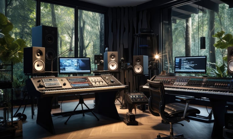 A state-of-the-art studio environment bustling with music and video production activities