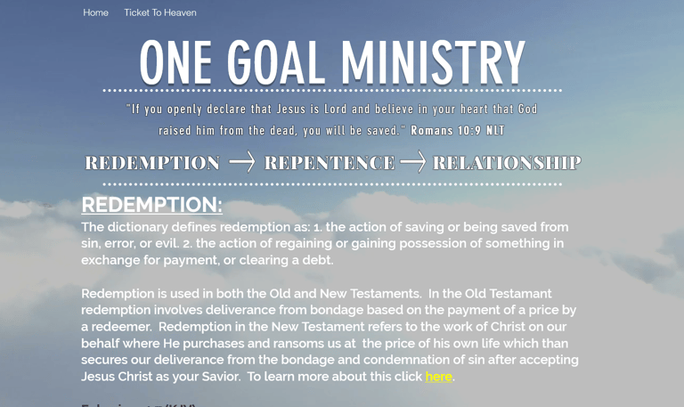One Goal Ministry website image link for a Christian website I did about ministry and Jesus.