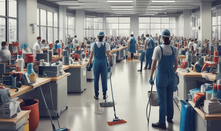 A person wearing bright orange work clothes is cleaning indoors, holding a mop. They have a fanny pack and are walking toward a tiled wall.