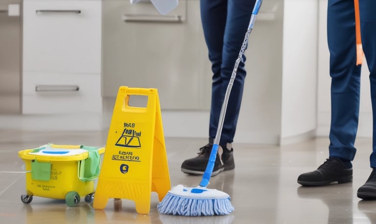A person wearing blue gloves is cleaning a surface using a paper towel and a spray bottle of cleaning solution.
