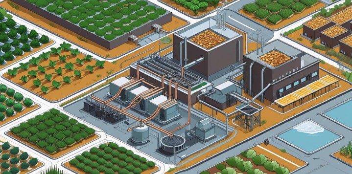AI generated image of a water purification, biochar facility and farms producing biomass