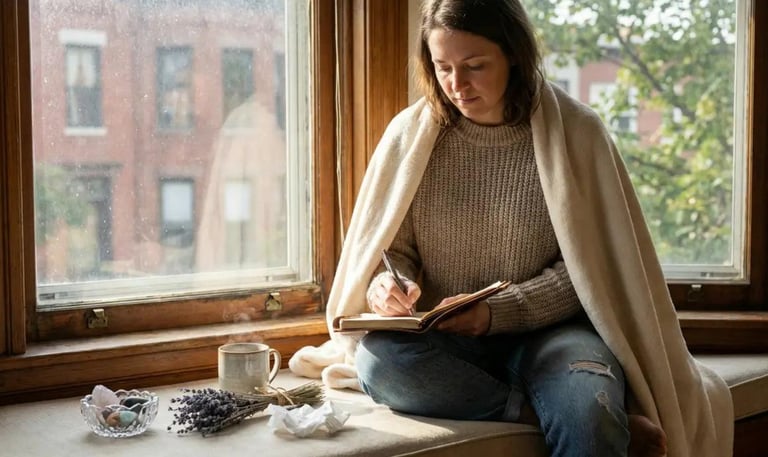 A woman sitting in a window nook writing in her journal while wrapped in a cozy blanket.