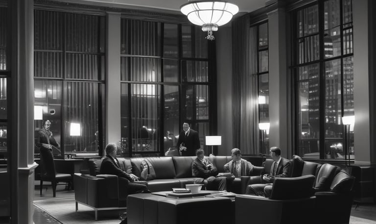 A monochromatic indoor scene featuring a consultation area with a modern design. Two people are seated at a long wooden table, working on laptops, while another person stands nearby. Bookshelves are visible beneath the table, and a sign reads 'Consultation Specialisee'. Overhead lighting and glass partitions add to the contemporary architectural style.