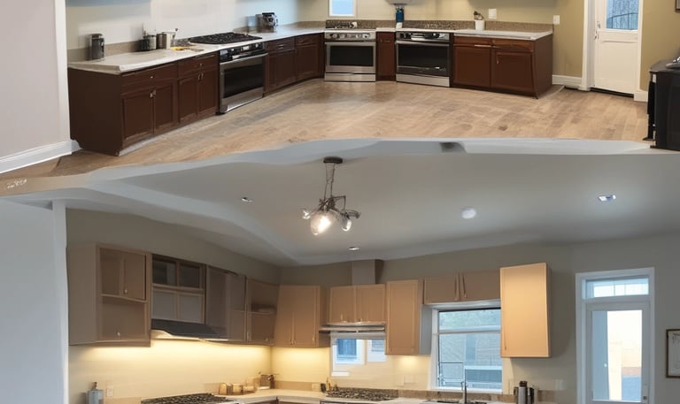 A large advertisement painted on the side of a building promotes painting your property regularly to save money, showing a rustic house silhouette. To the left, a construction site with a demolition crane indicates possible urban development. Shipping containers and a rooftop are visible, suggesting an industrial area.