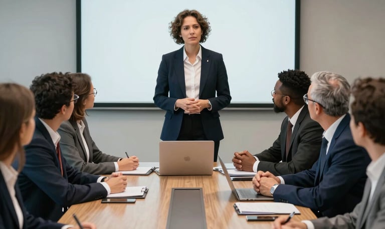 Executive presenting to a boardroom, illustrating the case study on AI agents and leadership trust