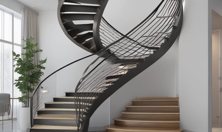 A winding spiral staircase viewed from an upward angle, highlighting concentric circles formed by the steps and railings. The structure features a mix of light and dark hues, creating an intriguing pattern.