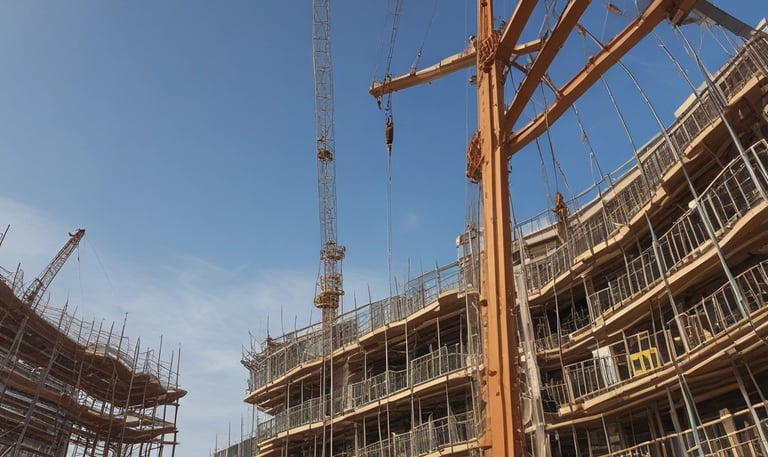 Curved wooden beams and metal architectural elements create a complex and modern structural design. The lines of the materials form an intricate pattern, suggesting a contemporary building or structure with an emphasis on engineering and aesthetics.