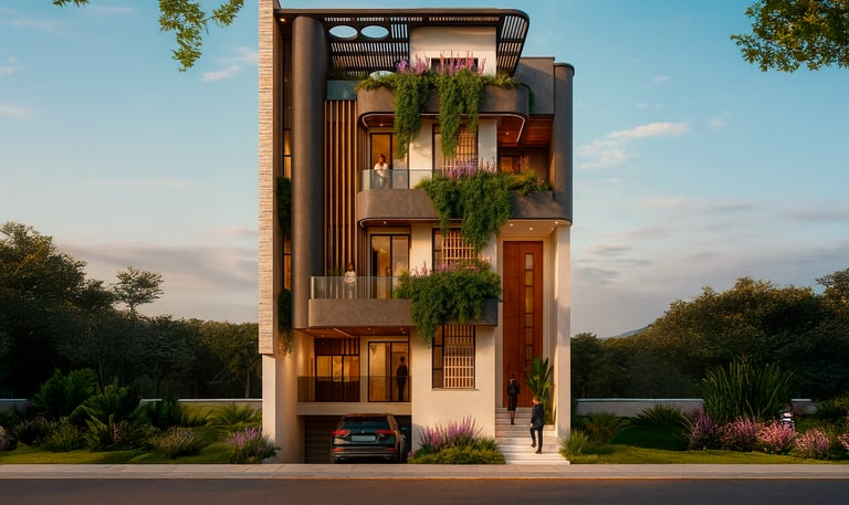 Render final de Casa 43 con fachada moderna y vegetación vertical.