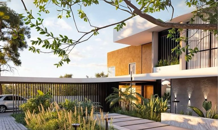 Fachada moderna con jardines y diseño volumétrico.