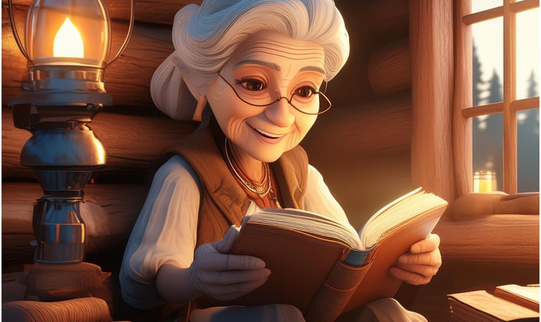 Charming country grandmother in cozy cabin reading a good book beside a kerosene lamp.