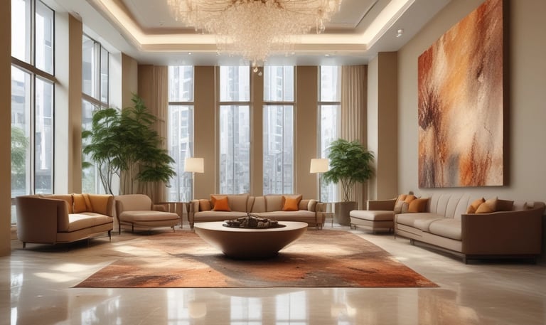 A stylish interior with a blue-painted wall adorned with two framed artworks featuring figures in red clothing. The wall hosts metallic balloon letters spelling 'HAPPY'. Below, a round, dark marble table is surrounded by three blue upholstered chairs, with one holding a small plate with dessert.