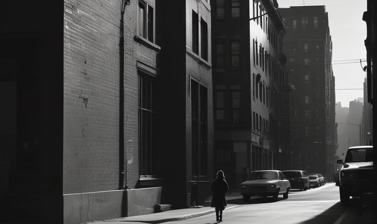 A stark black-and-white street scene with subtle glowing supernatural symbols etched into the pavement.