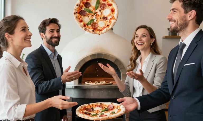 A chef preparing gourmet food in a mobile oven at a lively wedding reception.