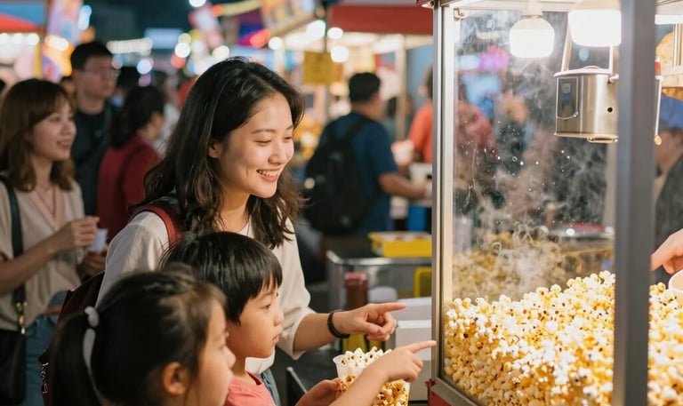 A bustling night market scene with colorful vendor stalls glowing under neon lights.