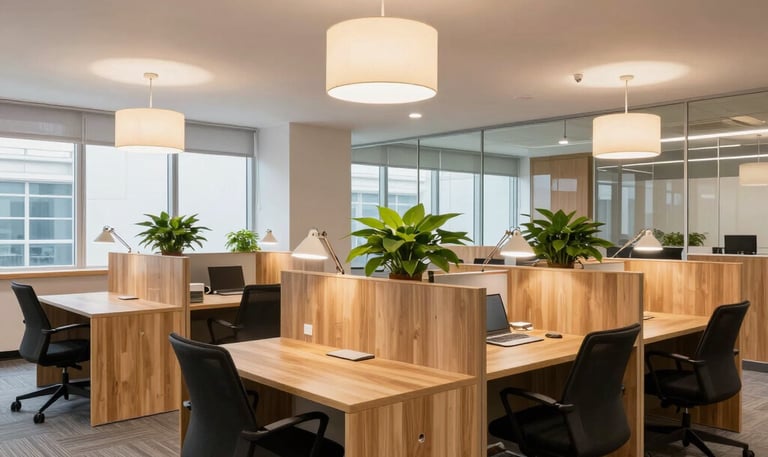 Modern office space with sleek desks and warm lighting