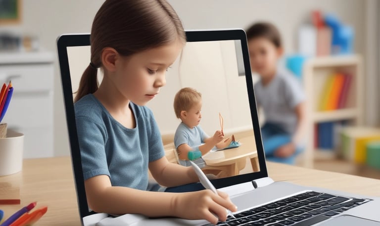 A childcare educator interacting with children using a tablet for digital learning.