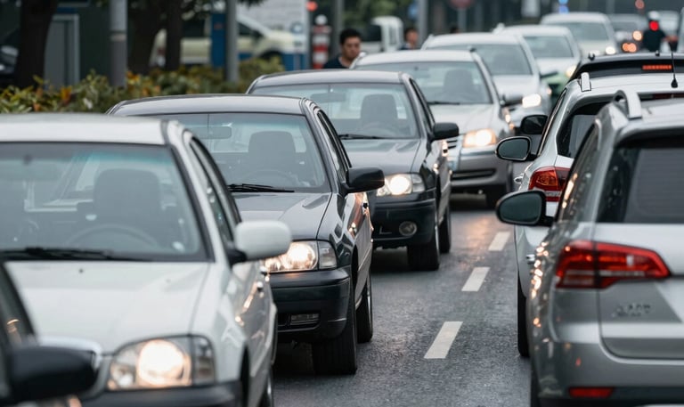 A technician setting up equipment beside a busy road to measure vehicle queues during rush hour.